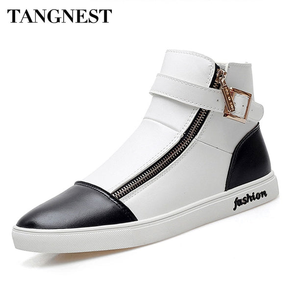 Tangnest 2017 Autumn New Men High Top Shoes Fashion Side Zipper Men's Ankle Boots Pu Leather Casual Buckle Shoes Man XMR2119