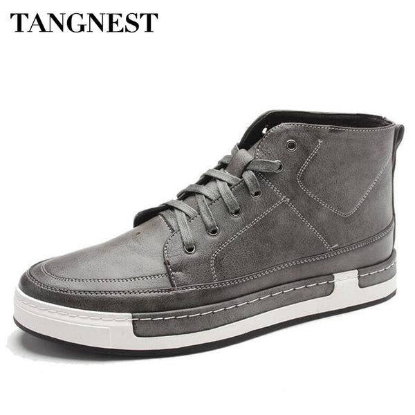 Tangnest New 2017 Autumn Men Shoes Man Fashion Microfiber Flats Shoes Korean Style Lace Up High Top Footwear For Male XMB532