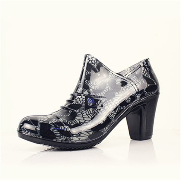 HEE GRAND Women's Rainning Shoes Floral Printing Pumps Rainny Boots Women Square Heel Rain boots Waterproof Zip Boots XWX4558