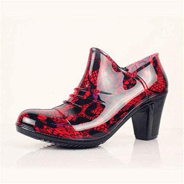HEE GRAND Women's Rainning Shoes Floral Printing Pumps Rainny Boots Women Square Heel Rain boots Waterproof Zip Boots XWX4558