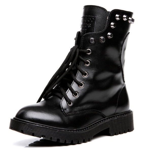 Tangnest Women Boots Genuine Leather Women's Ankle Boot Fashion Rivets Lace-up Platform Shoes Classic Martin Boots Woman XWX4082