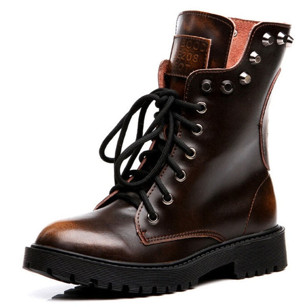 Tangnest Women Boots Genuine Leather Women's Ankle Boot Fashion Rivets Lace-up Platform Shoes Classic Martin Boots Woman XWX4082