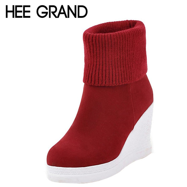 HEE GRAND Women's Boots For Autumn Solid Plain Platform Wedges Slip On Knitted Ankle Boot Warm Platform Shoes Woman XWX4475