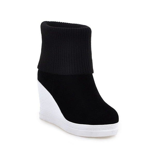 HEE GRAND Women's Boots For Autumn Solid Plain Platform Wedges Slip On Knitted Ankle Boot Warm Platform Shoes Woman XWX4475