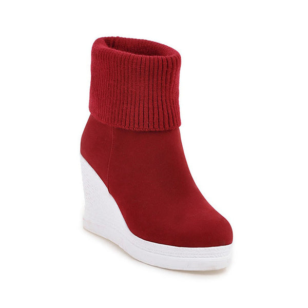 HEE GRAND Women's Boots For Autumn Solid Plain Platform Wedges Slip On Knitted Ankle Boot Warm Platform Shoes Woman XWX4475