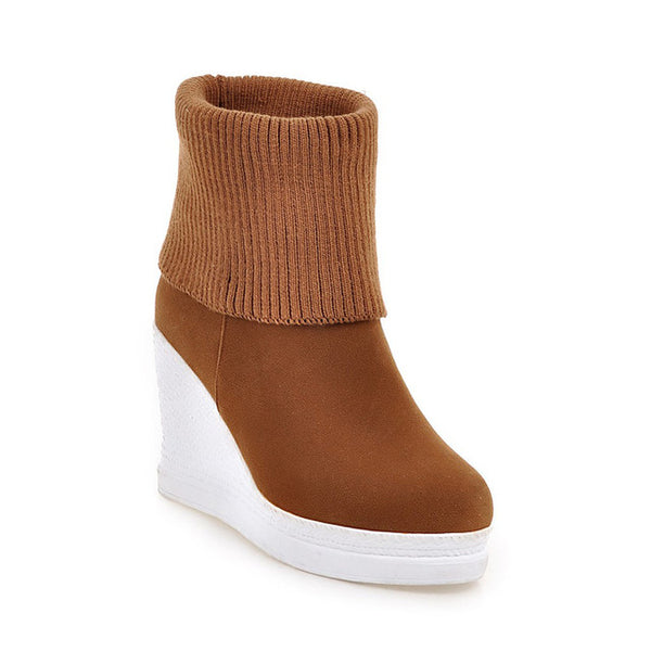HEE GRAND Women's Boots For Autumn Solid Plain Platform Wedges Slip On Knitted Ankle Boot Warm Platform Shoes Woman XWX4475