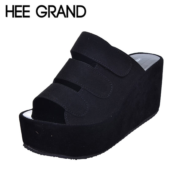 HEE GRAND 2017 Women Slides Wedge High Platform Flock Women Summer Slippers Peep Toe Casual Solid Shoes Woman XWZ2370
