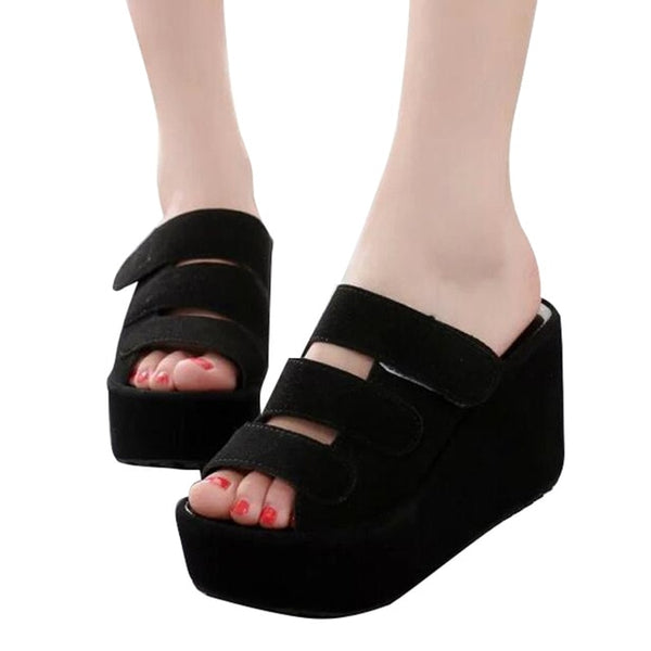 HEE GRAND 2017 Women Slides Wedge High Platform Flock Women Summer Slippers Peep Toe Casual Solid Shoes Woman XWZ2370