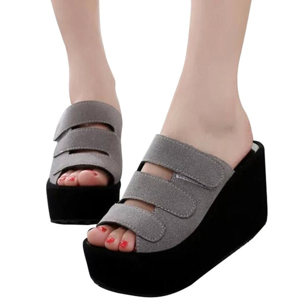 HEE GRAND 2017 Women Slides Wedge High Platform Flock Women Summer Slippers Peep Toe Casual Solid Shoes Woman XWZ2370