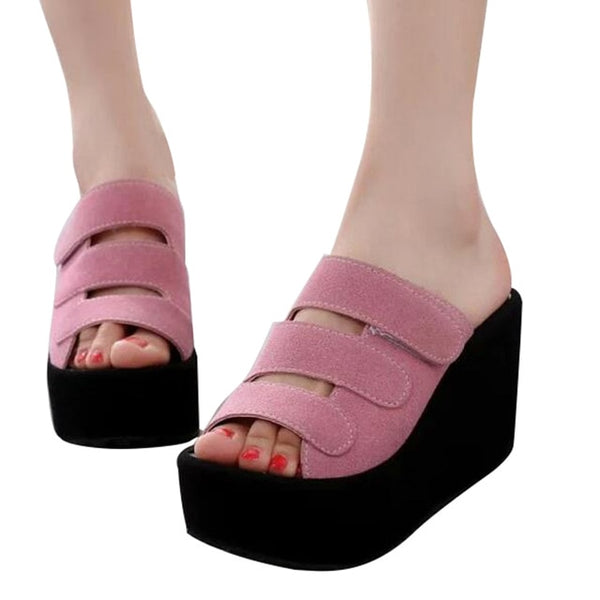 HEE GRAND 2017 Women Slides Wedge High Platform Flock Women Summer Slippers Peep Toe Casual Solid Shoes Woman XWZ2370