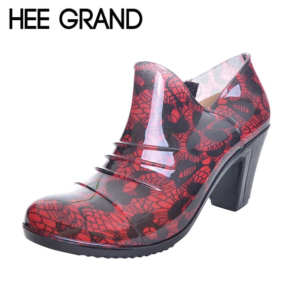 HEE GRAND Women's Rainning Shoes Floral Printing Pumps Rainny Boots Women Square Heel Rain boots Waterproof Zip Boots XWX4558