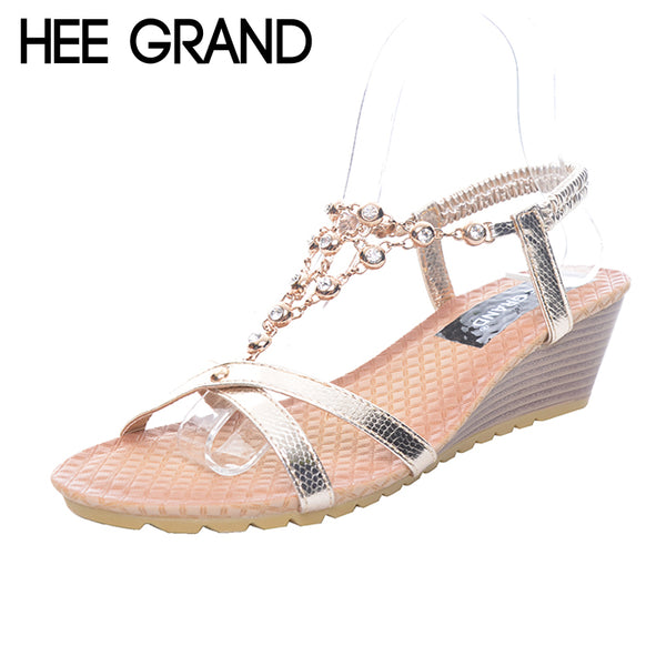 HEE GRAND Women Sandals Crystal Chain Summer Shoes Wedges Heel Rhinestones Gold Sandals XWZ3577