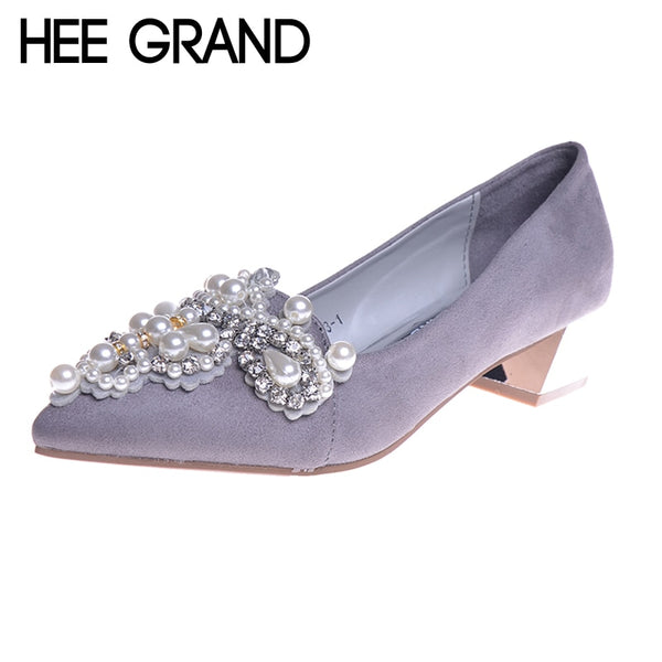 HEE GRAND Women Pumps Med Strange Heel Fashion PU Leather Wedding Pumps Spring Autumn OL Crystal Beading Women's Shoes XWD5421