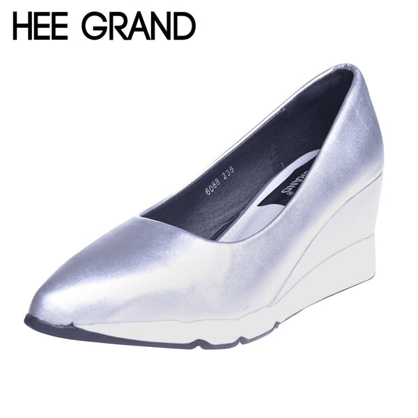 HEE GRAND Fashion Women Pumps Pointed Toe Solid Top PU Leather Wedge 6cm Heel Autumn Casual Women's Shoes Plus Size 40 WXG182