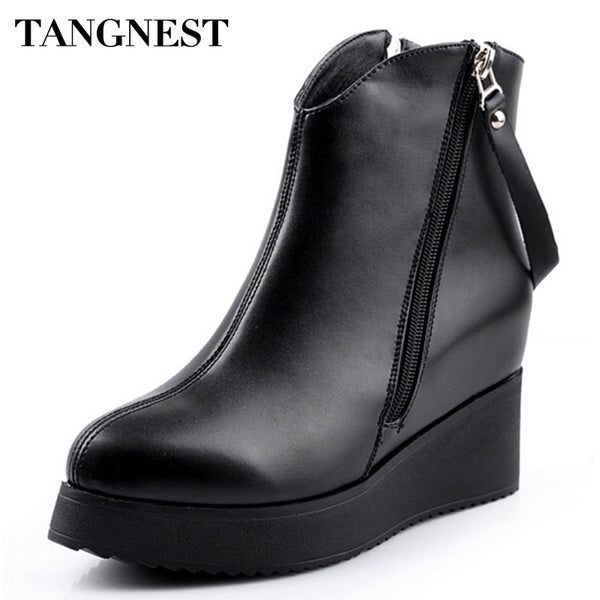 Tangnest 2018 Spring New Women's Ankle Boot PU Leather Increased Height Fashion Boots Pointed Toe Wedges Shoes For Women XWX2668