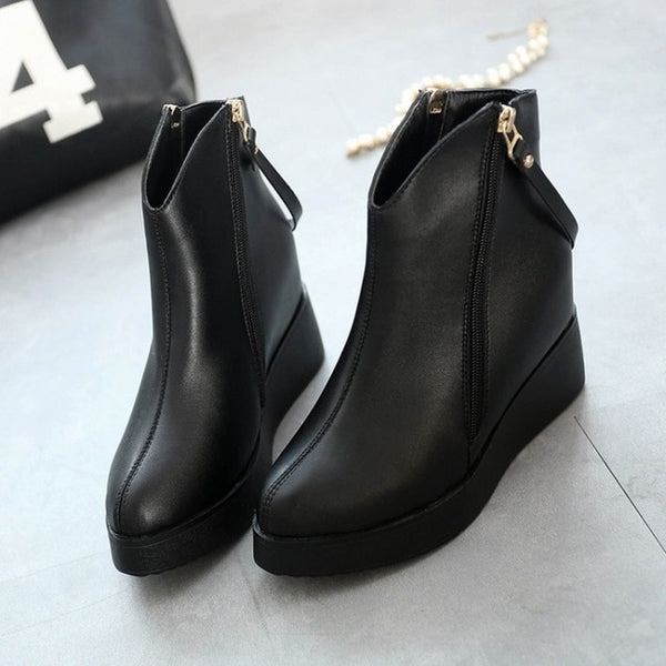 Tangnest 2018 Spring New Women's Ankle Boot PU Leather Increased Height Fashion Boots Pointed Toe Wedges Shoes For Women XWX2668