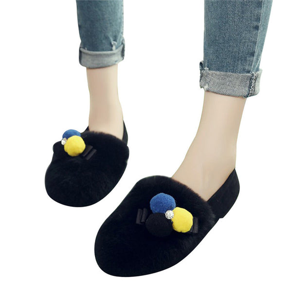 HEE GRAND Wool Decoration Faux Fur Round Toe Women Winter Causal Shoes Flats with Short Plush Vamp Women's Shoes XWM213