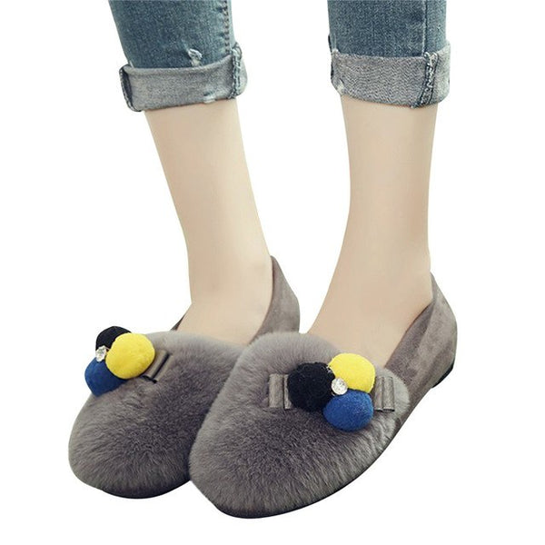 HEE GRAND Wool Decoration Faux Fur Round Toe Women Winter Causal Shoes Flats with Short Plush Vamp Women's Shoes XWM213