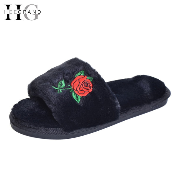 HEE GRAND Women Faux Slippers Embroidery Autumn Shoes Open Toe  Slides Indoor Floor Slippers XFM091