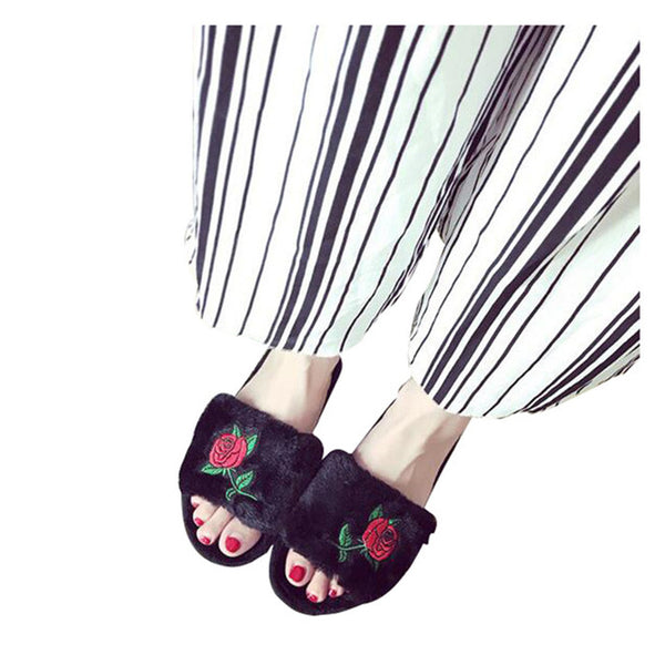 HEE GRAND Women Faux Slippers Embroidery Autumn Shoes Open Toe  Slides Indoor Floor Slippers XFM091