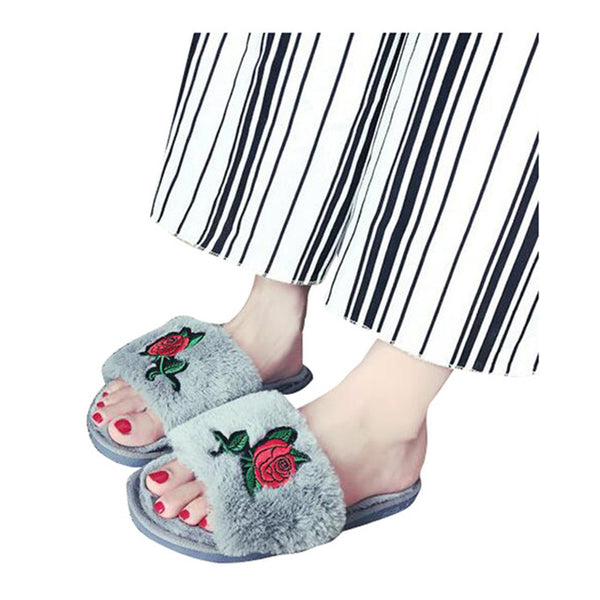 HEE GRAND Women Faux Slippers Embroidery Autumn Shoes Open Toe  Slides Indoor Floor Slippers XFM091