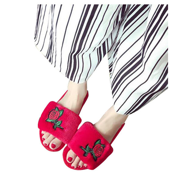 HEE GRAND Women Faux Slippers Embroidery Autumn Shoes Open Toe  Slides Indoor Floor Slippers XFM091
