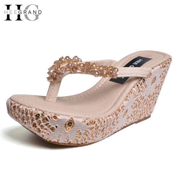 HEE GRAND Women's Slippers 2017 NEW Summer Shoes Woman Flip Flips Beading High Heels Shoes Platform Wedges Slides 35-39 XWZ3524