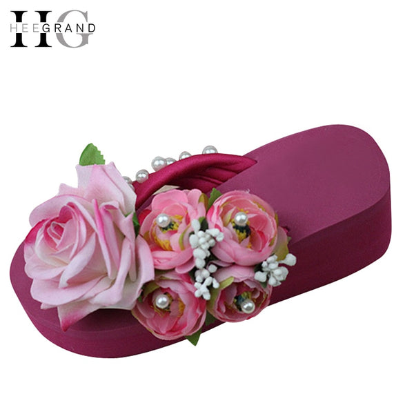 HEE GRAND Women Summer Slippers Artificial Pearl Floral Style Beach Shoes Woman Flip Flops Platform Shoes Women XWZ3689