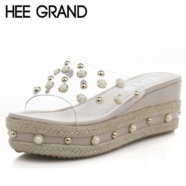 HEE GRAND Crystal Decoration 2018 Women Wedge Slippers High Heel Comfortable Wearing Women Vacation Shoes XWT1100
