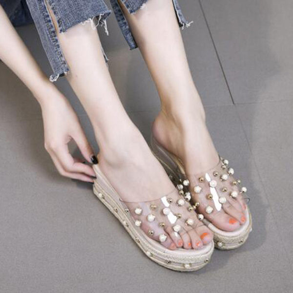 HEE GRAND Crystal Decoration 2018 Women Wedge Slippers High Heel Comfortable Wearing Women Vacation Shoes XWT1100