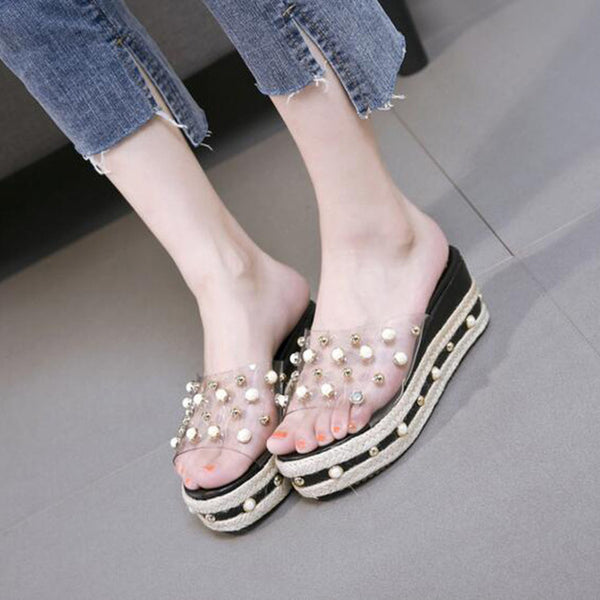 HEE GRAND Crystal Decoration 2018 Women Wedge Slippers High Heel Comfortable Wearing Women Vacation Shoes XWT1100