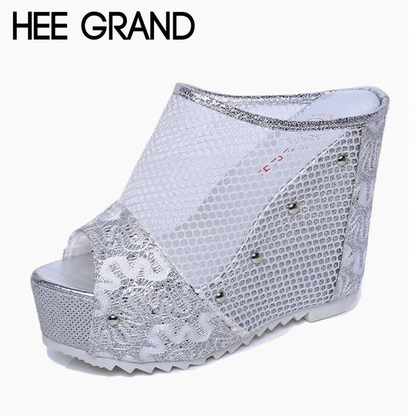 HEE GRAND Crystal Decoration Women Wedge Slippers Fish Mouth Sandals High Heel Comfortable Shoes Women Vacation Shoes XWD6540