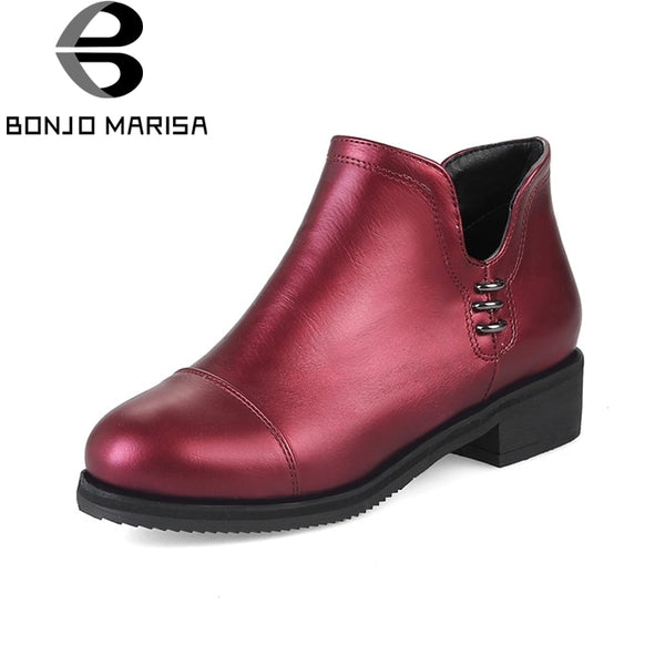 BONJOMARISA New women's Ankle Round Toe Solid Zip Square Heels Shoes Woman Autumn Casual Boots Plus Size 32-48