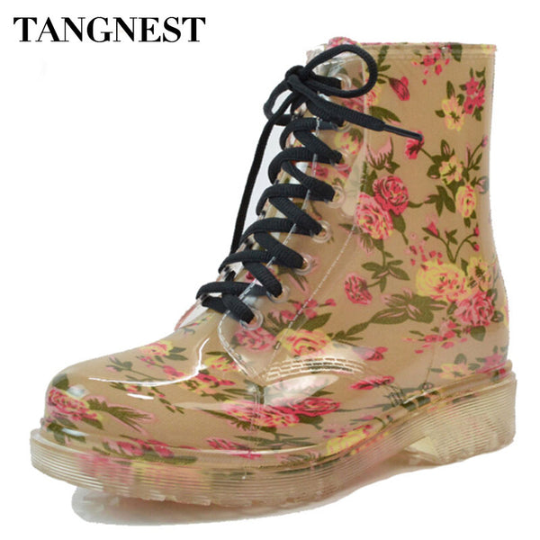 Tangnest 2018 Women's Rain Boots Spring  Round Toe Rubber Shoes Floral Leopard Lace-Up Ankle Boots Woman Big Size 36-40 XWX2327