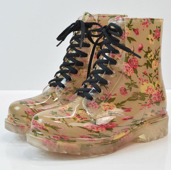Tangnest 2018 Women's Rain Boots Spring  Round Toe Rubber Shoes Floral Leopard Lace-Up Ankle Boots Woman Big Size 36-40 XWX2327