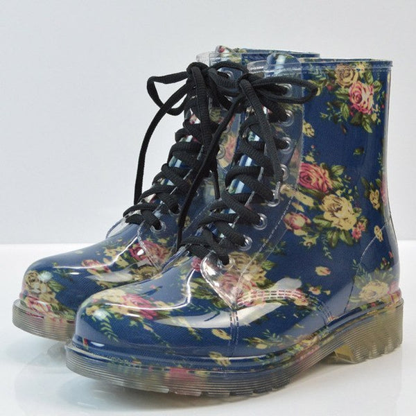 Tangnest 2018 Women's Rain Boots Spring  Round Toe Rubber Shoes Floral Leopard Lace-Up Ankle Boots Woman Big Size 36-40 XWX2327