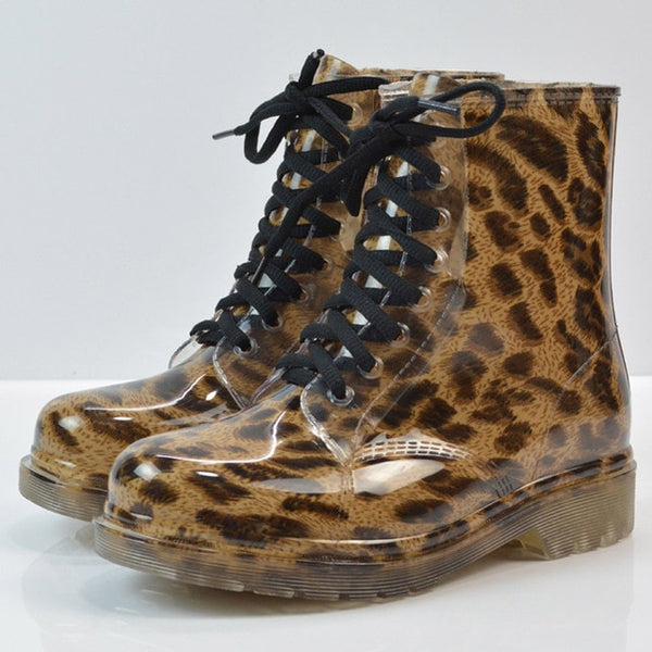 Tangnest 2018 Women's Rain Boots Spring  Round Toe Rubber Shoes Floral Leopard Lace-Up Ankle Boots Woman Big Size 36-40 XWX2327