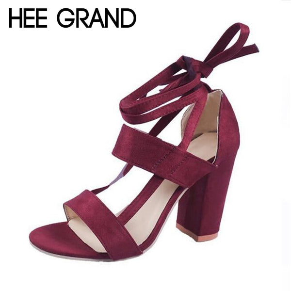 HEE GRAND 2018 New Women Thick Heel Summer Sandals Cross-tied Ankle Lace up Flock Lady's Pumps Mujer Fashion Shoes XWZ4929