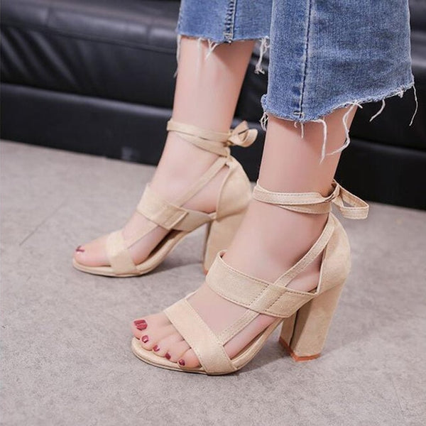 HEE GRAND 2018 New Women Thick Heel Summer Sandals Cross-tied Ankle Lace up Flock Lady's Pumps Mujer Fashion Shoes XWZ4929