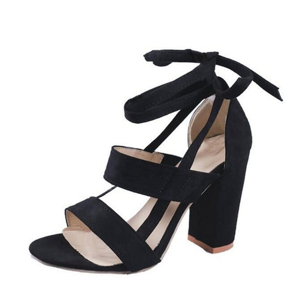 HEE GRAND 2018 New Women Thick Heel Summer Sandals Cross-tied Ankle Lace up Flock Lady's Pumps Mujer Fashion Shoes XWZ4929
