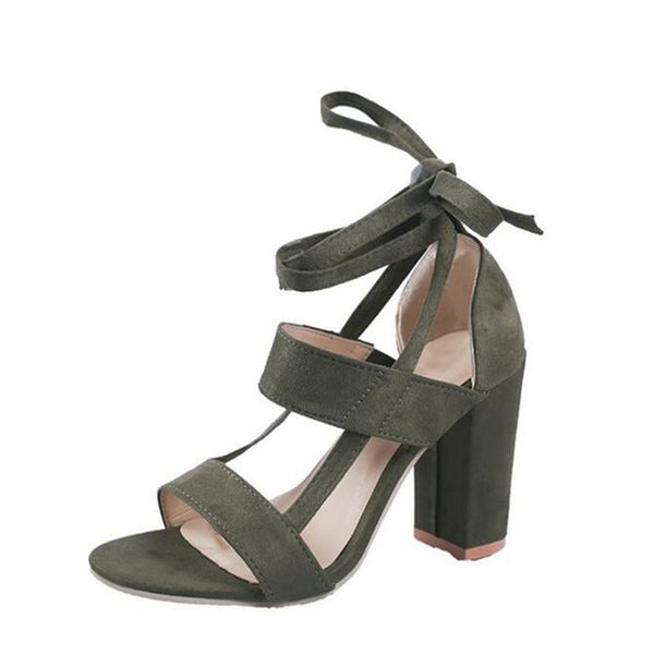 HEE GRAND 2018 New Women Thick Heel Summer Sandals Cross-tied Ankle Lace up Flock Lady's Pumps Mujer Fashion Shoes XWZ4929