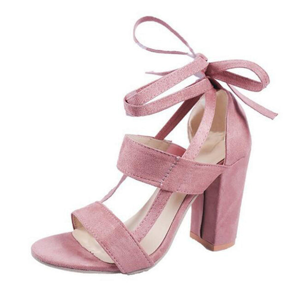 HEE GRAND 2018 New Women Thick Heel Summer Sandals Cross-tied Ankle Lace up Flock Lady's Pumps Mujer Fashion Shoes XWZ4929
