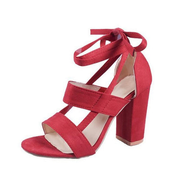 HEE GRAND 2018 New Women Thick Heel Summer Sandals Cross-tied Ankle Lace up Flock Lady's Pumps Mujer Fashion Shoes XWZ4929