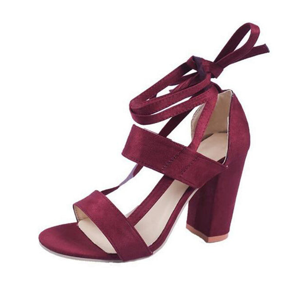 HEE GRAND 2018 New Women Thick Heel Summer Sandals Cross-tied Ankle Lace up Flock Lady's Pumps Mujer Fashion Shoes XWZ4929