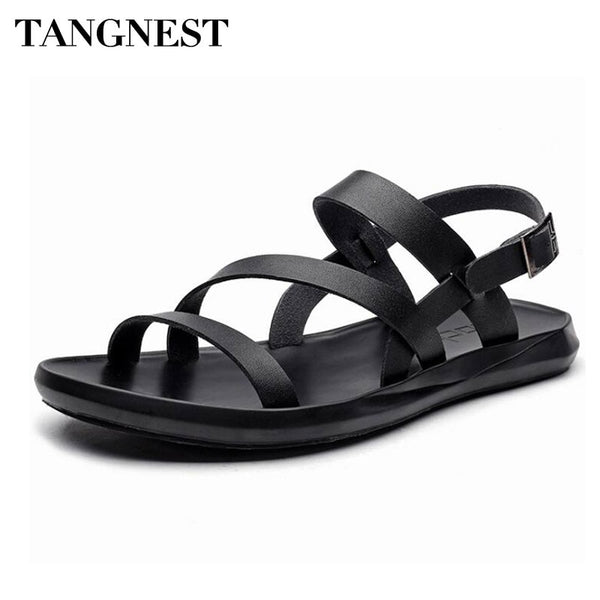 Tangnest Classic Men Gladiator Flat Sandals Fashion Open Toe Buckle Strap Beach Sandals Men Casual Ankle Strap Slides Shoes