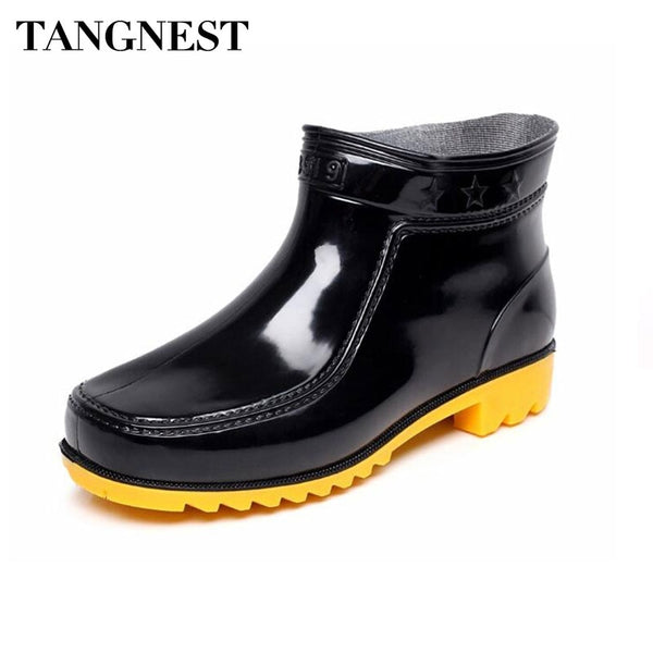 Tangnest Summer Men's Rubber Ankle Boots Black Slip-on Plain Men Rain Boots Waterproof Wedge Shoes Man Casual Work Shoes
