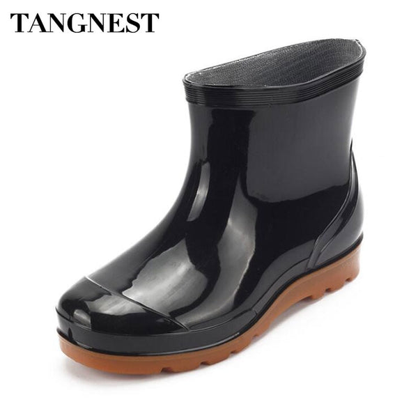 Tangnest NEW 2018 Men's Rain Boots Casual Summer Waterproof Platform Rubber Boots Solid Black PVC Shoes Man Ankle Boots