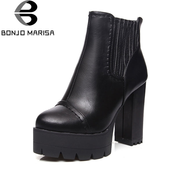 BONJOMARISA New women's Square High Heels Solid Zip Platform Shoes Woman Casual Winter Ankle Boots Large Size 34-43