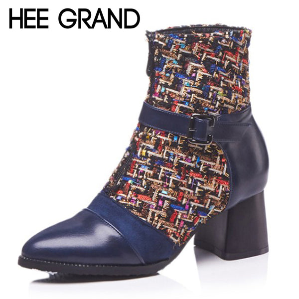HEE GRAND Women's Boots For Autumn Solid Plain Platform Square Heel Slip On Knitted Ankle Boot Warm Platform Shoes Woman XWX6754