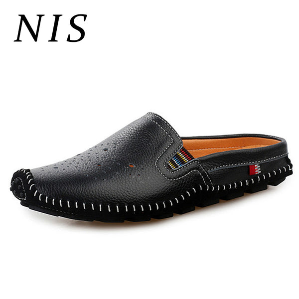 NIS New Hollow Out PU Leather Slippers Men Shoes Hand Sewing Soft Soles Casual Shoes Summer Beach Slippers Mens Slides Zapatos